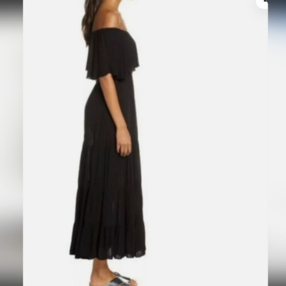 Elan Classic Black Off The Shoulder Ruffle Top Tiered Flowy Silky Bohemian Maxi - Picture 3 of 6